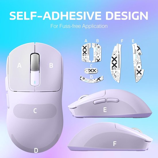 Lichtpaarse gamingmuis met zichtbare knoppen en scrollwiel, naast zelfklevende ontwerpen met 'X'-patronen.