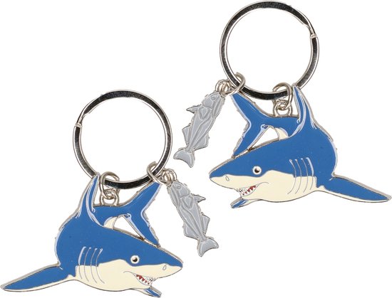 2x stuks metalen haaien sleutelhangers 5 cm - Dieren uitdeel cadeautjes