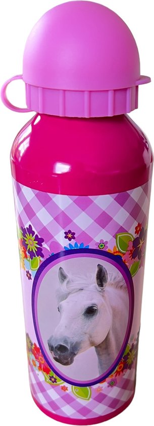 Aluminium Kinder drinkfles met paardenprint - Roze - 21 x 6 x 6 cm