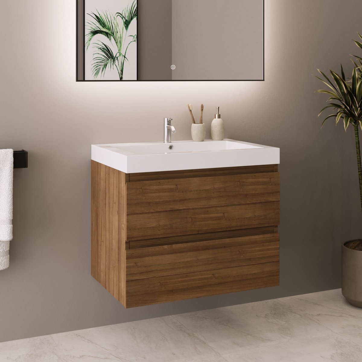 LOMAZOO Badkamermeubel Warm Eiken 60 cm - Wastafel Wit - Wastafelmeubel - Wastafelkast Zwevend [MONACO]