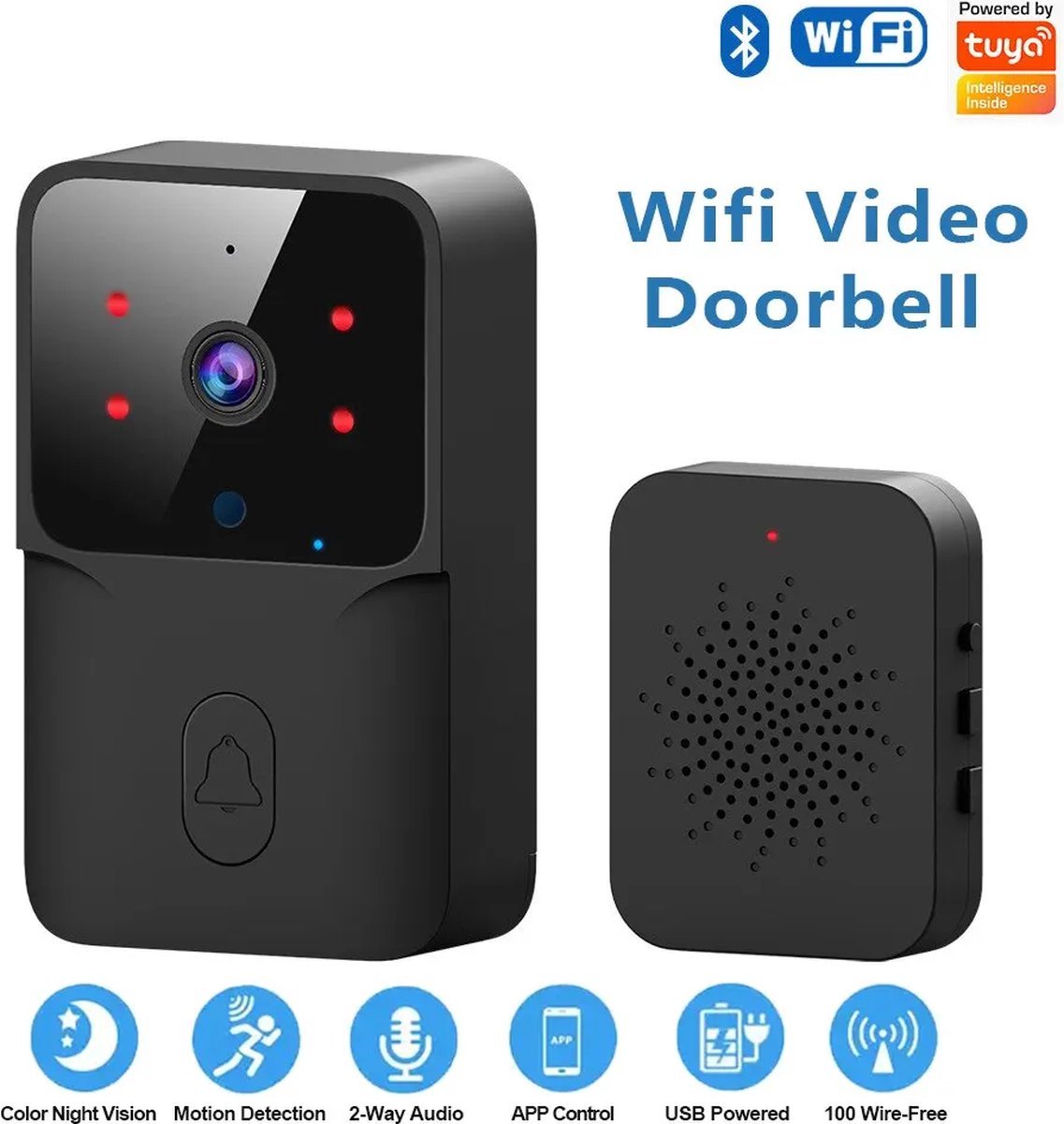WIFI Video Deurbel - Slimme Deurbel - Camera - Draadloze deurbel - DC AC Batterij - Alexa - Google - Voor Thuis - Zwart - Met Intercom - Bewegingsdetectie
