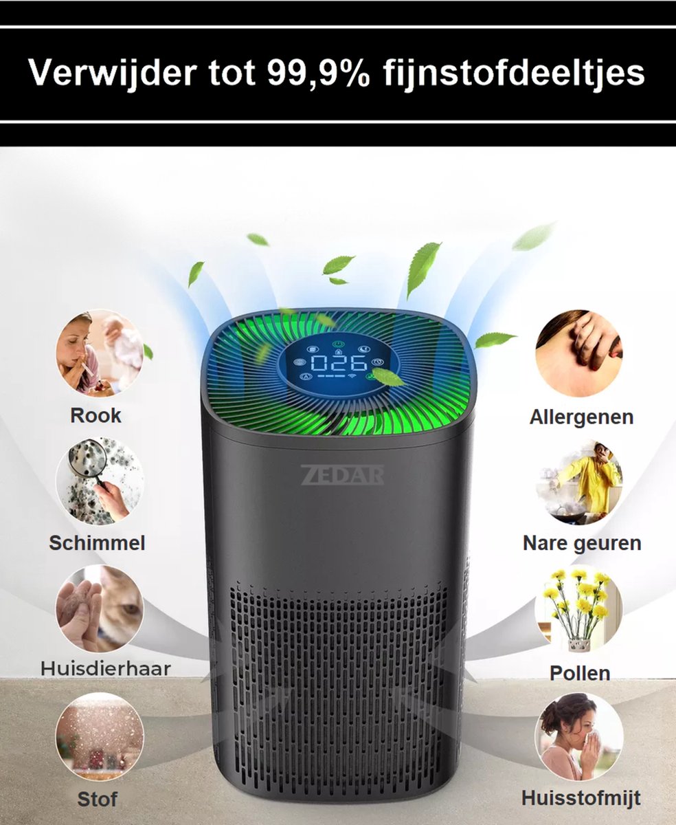 Luchtreiniger / Air Purifier met APP en 2x HEPA 13 filter + koolstoffilter - Werkt tegen huisstofmijt, hooikoorts, allergie, stof, - 210 m³/u - Zedar L600 — afbeelding 5