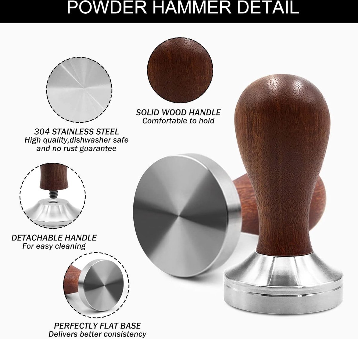 Koffie tamper, 51 mm basis roestvrij staal espresso tamper, voor 51 mm zeefhouder
