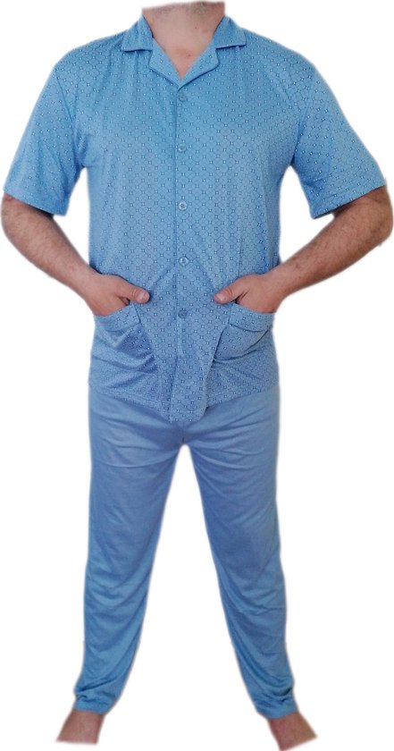 Heren - Pyjama - 2 Delig - Kleur Lichtblauw - Korte Mouwen - Lange Broek - Knopen - Maat L - Cadeau - Kerst