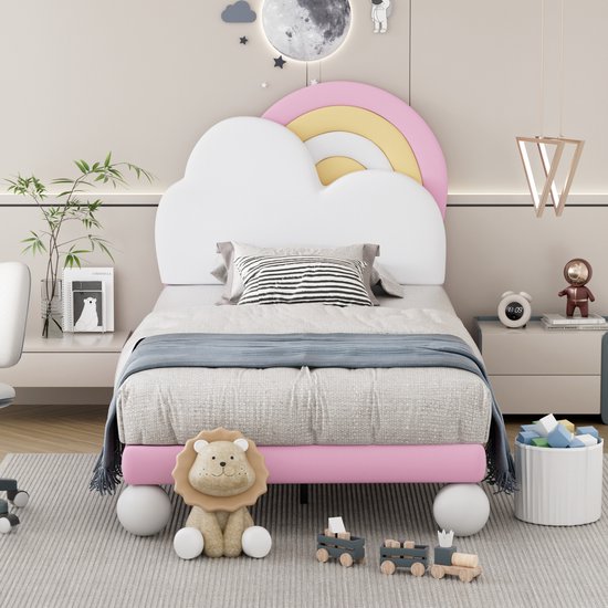Gestoffeerd bed met Cloud hoofdbord - Kinderbed jeugdbed Eenpersoonsbed met houten lattenbodem - eenvoudige montage - in hoogte verstelbaar hoofdbord - PU roze 90*200cm