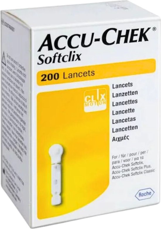 Doosje met 200 Accu-Chek Softclix lancetten. Wit met gele accenten.
