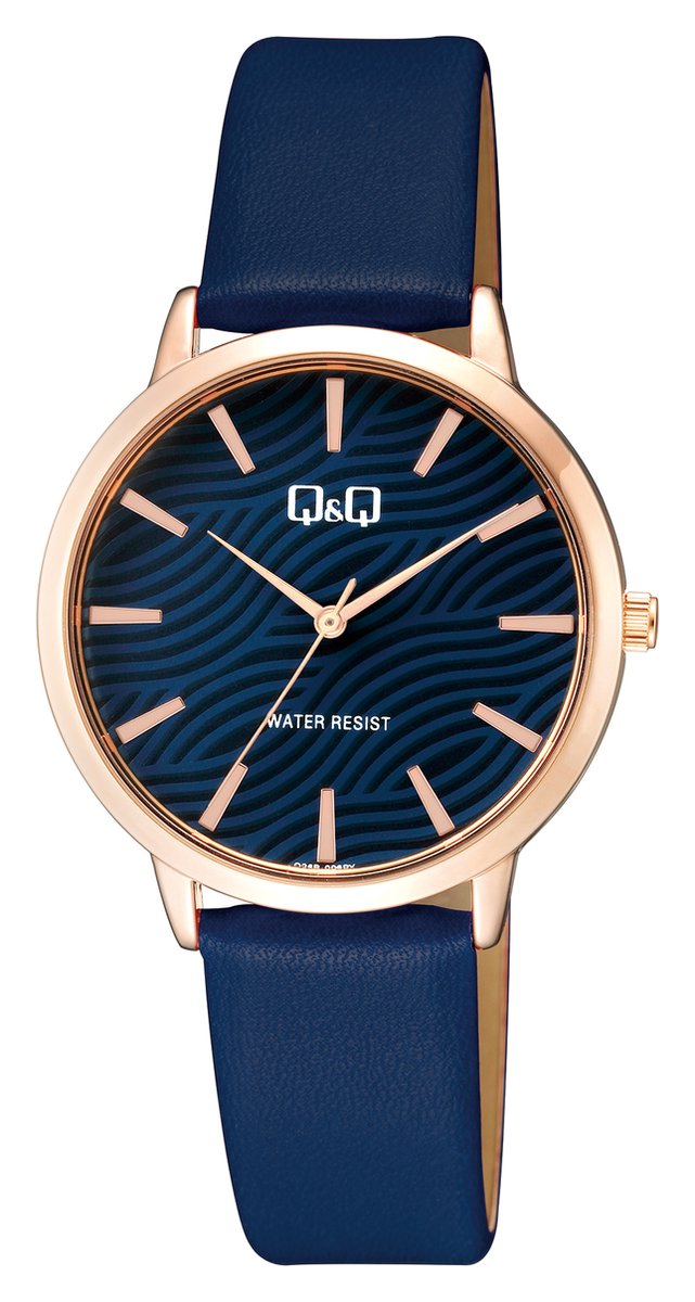 QQ Q26B-006PY - Horloge - Vrouwen - Dames - Leren band - Rond - Metaal - Streepjes - DonkerBlauw - Rosékleurig - 3 ATM