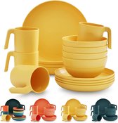 Plastic serviesgoedset van 16 onbreekbare en herbruikbare lichtgewicht borden kopjes kommen serviesgoed gemakkelijk te dragen en schoon te maken BPA-vrije service voor 4 personen