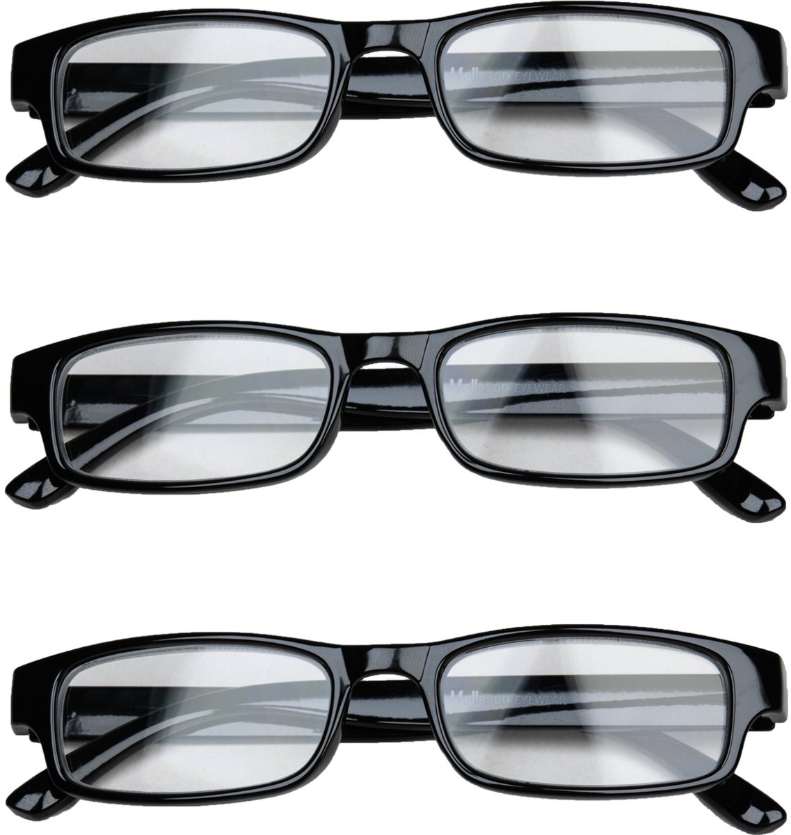 Melleson Eyewear Leesbril Overlijk - Zwart Glanzend - +2.50 - 3 Stuks - Inclusief 3 Hoesjes
