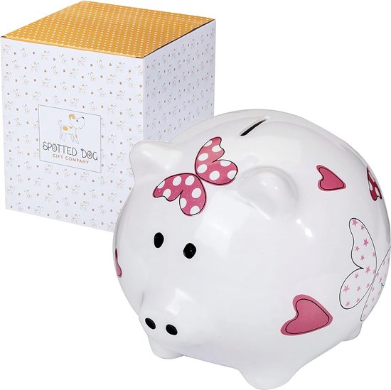 SPOTTED DOG GIFT COMPANY Groot Spaarvarken met Hart en Vlinder Ontwerp, Keramische Spaarpot voor Kinderen en Volwassenen, Schattige Woondecoratie, Cadeaus voor Dierenliefhebbers