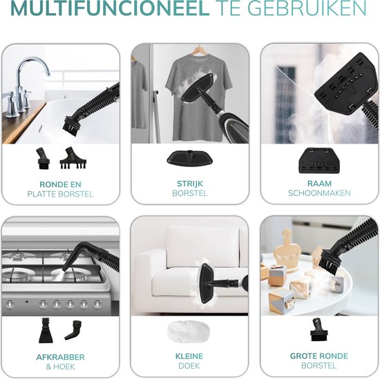 Zes afbeeldingen tonen de multifunctionele toepassingen van de zwarte stoomreiniger: reinigen, strijken, ramen, koken, meubels en vloeren.
