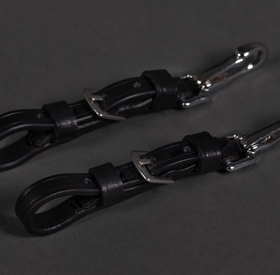Twee zwarte leren riempjes met zilverkleurige gespen en clips.