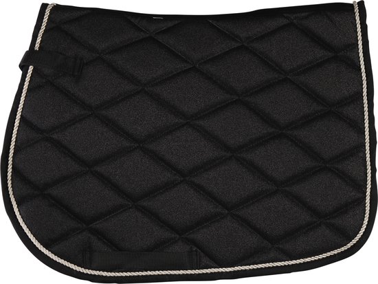 Zwart zadeldek met ruitpatroon, crèmekleurige bies en lussen.