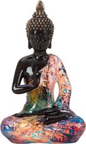 Boeddha beeld Colorfull - binnen/buiten - kunststeen - zwart/kleurenmix - 16 x 26 cm