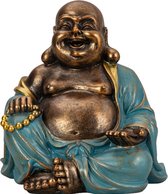Boeddha beeld Happy Shaman - binnen/buiten - kunststeen - goud/jade - 22 x 23 cm - Dikke boedhha
