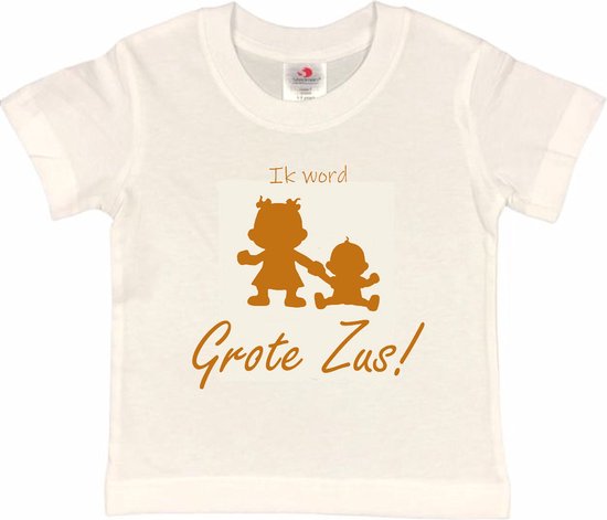 Shirt Aankondiging zwangerschap Ik word grote zus! 2.0 | korte mouw | wit/tan | maat 122/128 zwangerschap aankondiging bekendmaking Baby big sis sister Grote Zus