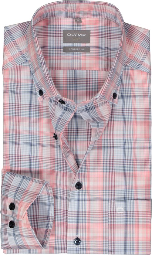 OLYMP comfort fit overhemd - popeline - wit met rood en blauw geruit - Strijkvrij - Boordmaat: 50