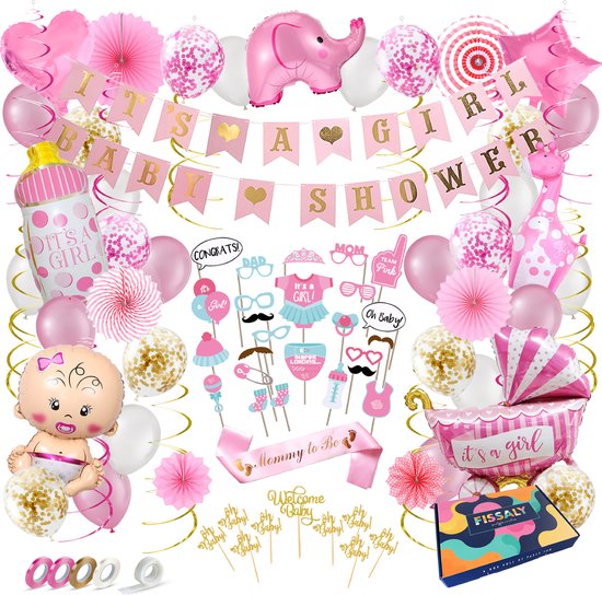 Fissaly 80 Stuks Babyshower Meisje & Gender Reveal Versiering – Baby Girl – Mommy to Be Party Decoratie Pakket