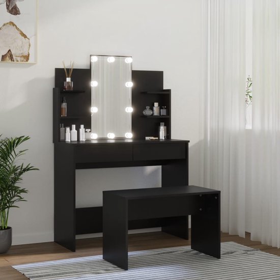 LBB Coiffeuse avec miroir et éclairage - Table de maquillage - Maquillage - Coiffeuse - Avec tiroirs - Banc - 96 x 40 x 142 cm - Zwart