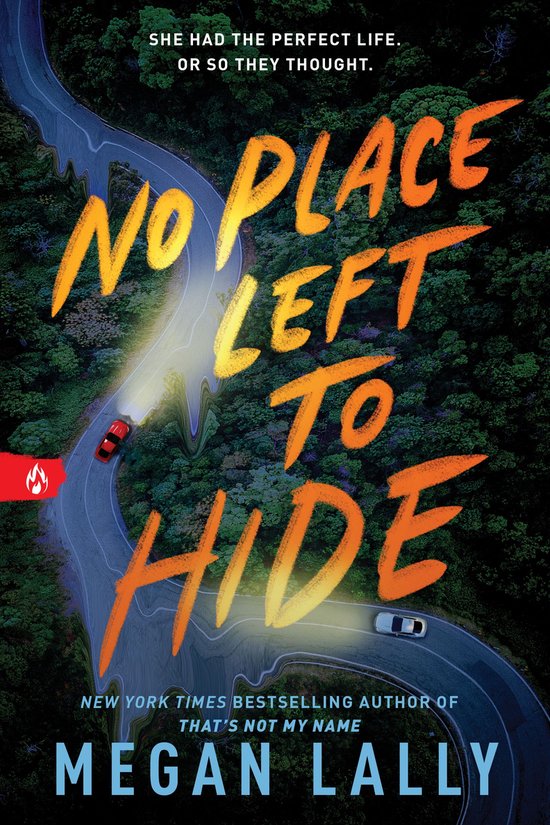 Boekomslag met de titel 'NO PLACE LEFT TO HIDE' in oranje letters, op een kronkelige weg met twee auto's, 'SHE HAD THE PERFECT LIFE. OR SO THEY THOUGHT.' boven en 'MEGAN LALLY' onder.