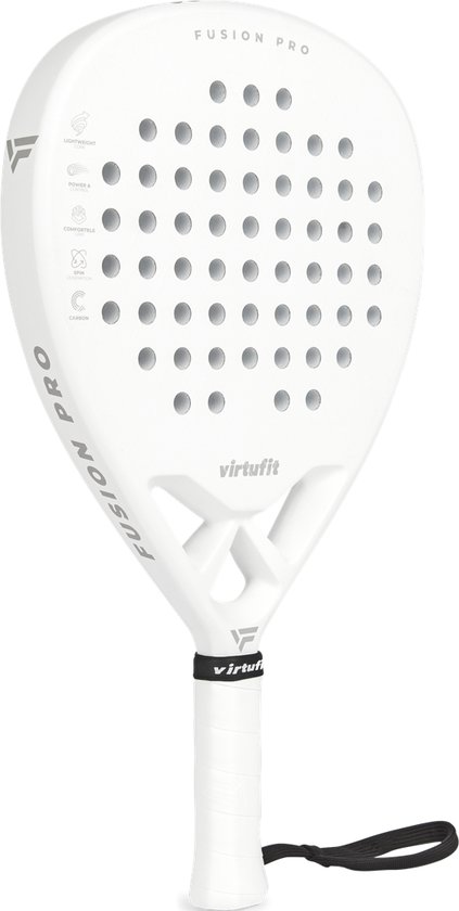 Foto: Virtufit fusion pro padel racket wit zilver inclusief polskoord padelracket paddle geschikt voor gevorderde spelers druppelvormig blad met harde kern van eva foam lichtgewicht ergonomisch handvat carbon blad