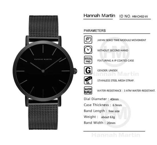 Montre Hannah Martin noire avec bracelet en maille et cadran minimaliste.
