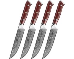 Xinzuo steakmessen van Damaststaal | 4-delige set | Damascus Staal (67 lagen, VG10) | Xinzuo B13R Yu