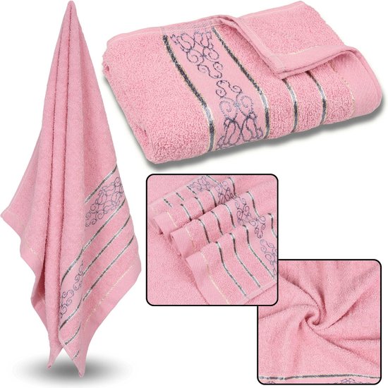 Roze Katoenen Handdoek met Decoratief Borduurwerk, Grijs Borduurwerk 48x100 cm
