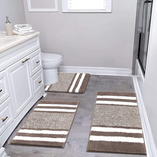 3 stuks luxe badmat en voetstuk mat set super zachte microvezel pluizige badkamer tapijt machine wasbare absorberende douche tapijten voor badkamer, bruin