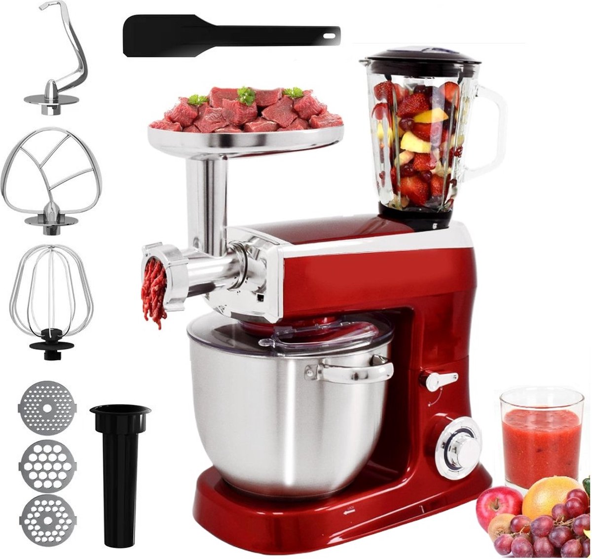 Royalty Line Keukenmachine - Keukenrobot - 2100W - Foodprocessor met 7 Snelheidsstanden + LED incl. Garde / Kneedhaak / Mengarm en Blender Met Spatscherm & RVS Mengkom Van 7.5 Liter - Rood