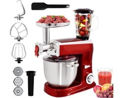 Royalty Line Keukenmachine - Keukenrobot - 2100W - Foodprocessor met 7 Snelheidsstanden + LED, incl. Garde / Kneedhaak / Mengarm en Blender, Met Spatscherm & RVS Mengkom Van 7.5 Liter - Rood