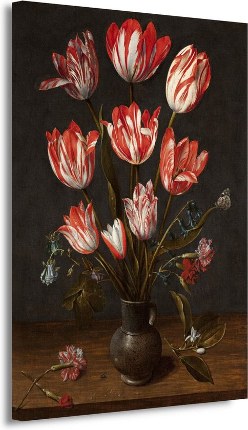 Tulpen en anjers in een aardewerken vaas - Jacob van Hulsdonck portret - Bloemen portret - Schilderijen canvas Natuur - Schilderijen op canvas industrieel - Muurdecoratie canvas - Muur kunst 50x70 cm