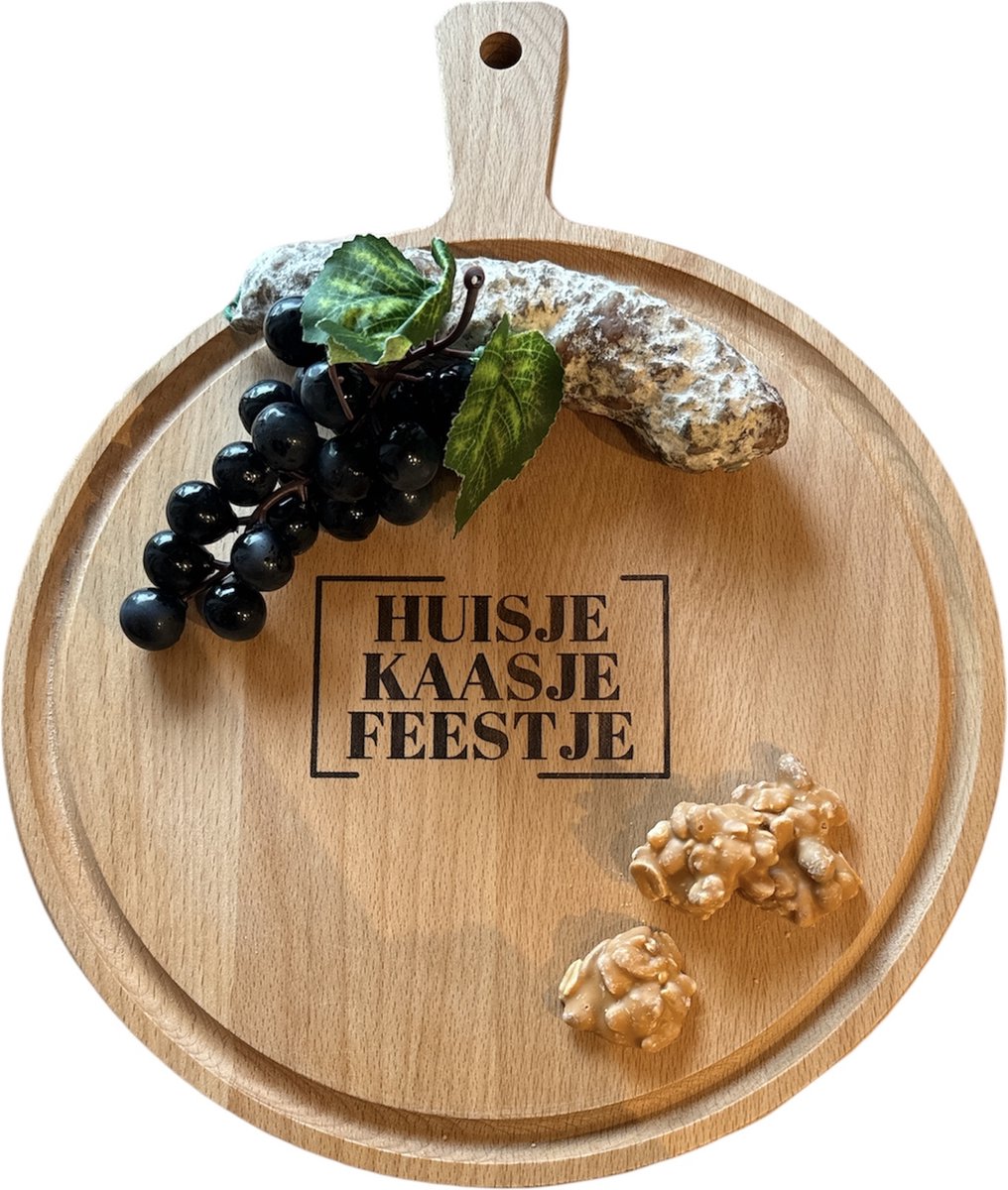 Borrelplank met tekst: Huisje kaasje feestje | Tapasplank | Serveerplank | Rond | Hout | met opdruk | Housewarming | Nieuwe woning | Cadeau