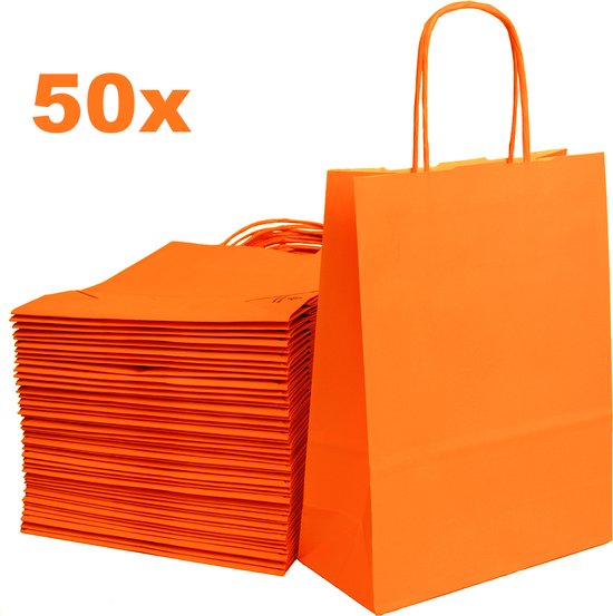 ArtiPack Kraft Papieren Tasjes Met Handvat – Zakjes – 50 Stuks – Oranje – 18x8x24 cm – Cadeautasjes A5+
