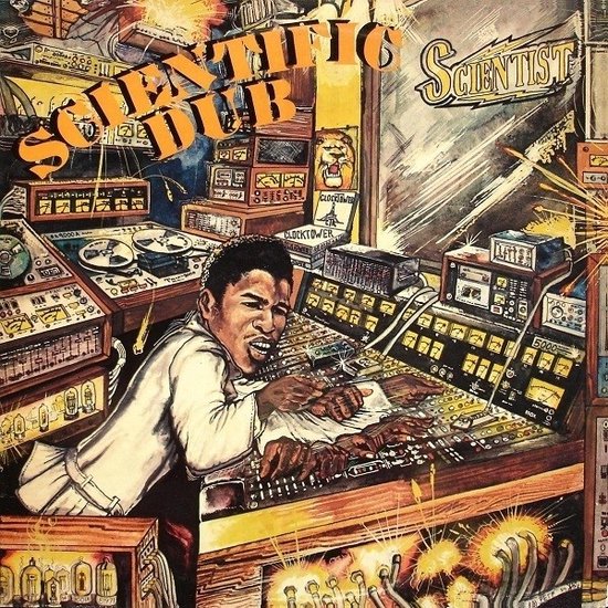 Pochette d'album Scientific Dub avec un homme aux commandes d'une console de mixage.