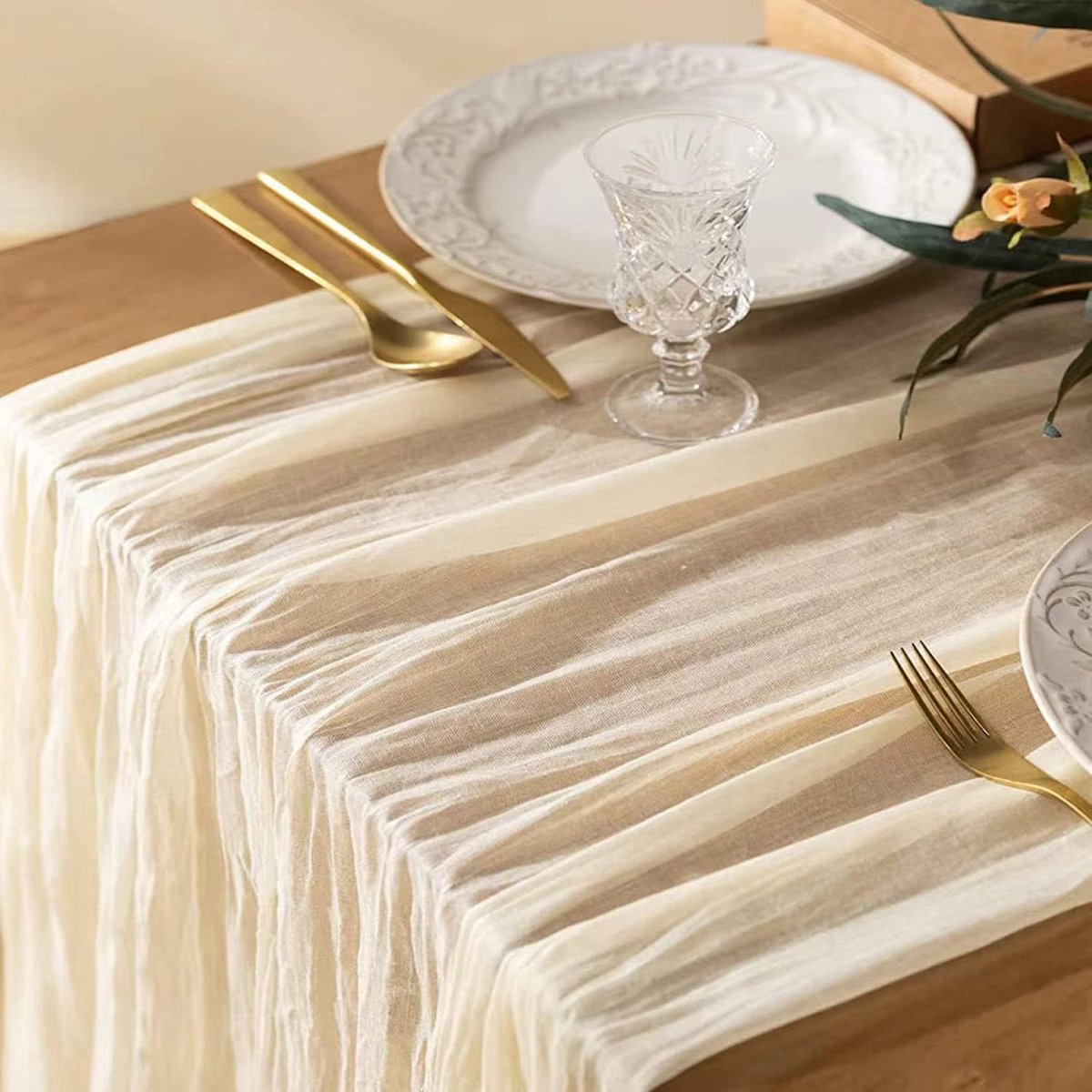 PLECUPE Tafelloper, beige, tafelloper 90 x 300 cm lange tafelloper boho-stijl kaasdoek tafelloper rustieke tafelloper van gaas, romantische tafelloper voor bruiloft, bruidsfeest, verjaardagsfeest