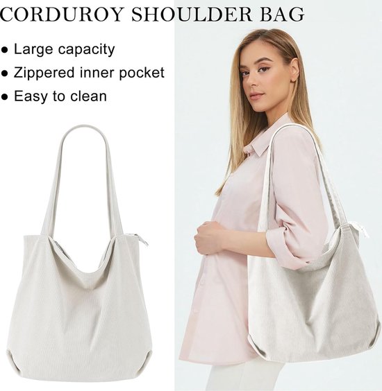 Funtlend Corduroy Schoudertas voor Damen, Groot, Shopper, Crossbody Met Elasticiteit, Werk, Kantoor, Winkelen, School, 40x40x23 cm, Beige