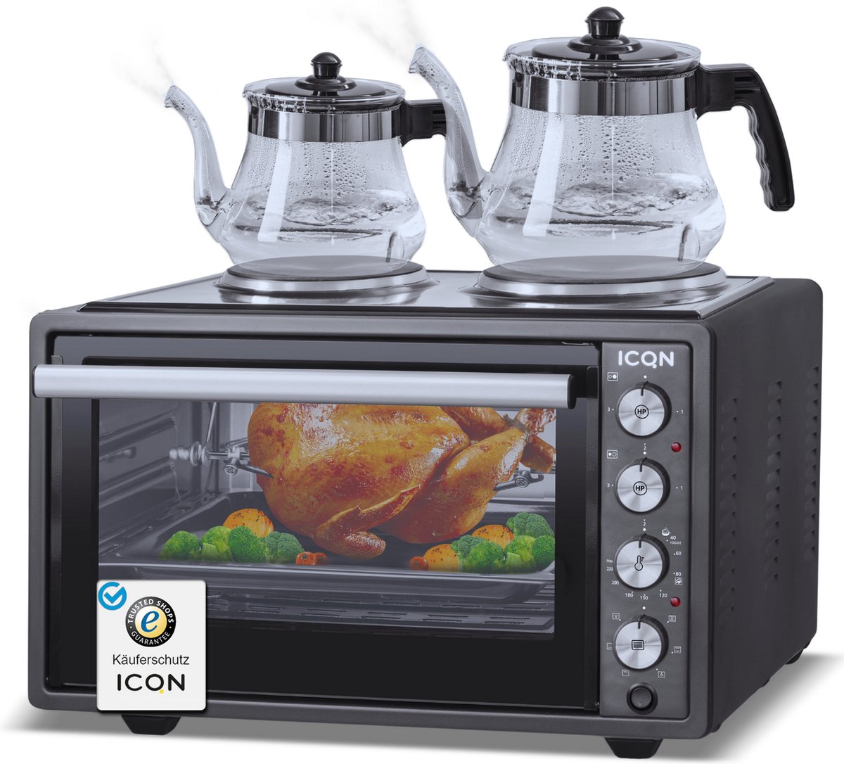ICQN Vrijstaande Oven Met 2 Kookplaten - 42L - Convectie Mini Oven - Hetelucht & Grillfunctie - Geëmailleerde Holte - Zwart - ICQN