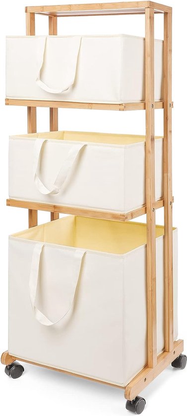 4-in-1 Kledingrek Van Bamboe, Met Kapstok Aan De Zijkant Boomontwerp Met Haken 3 Opbergplanken Met Universele Wielen