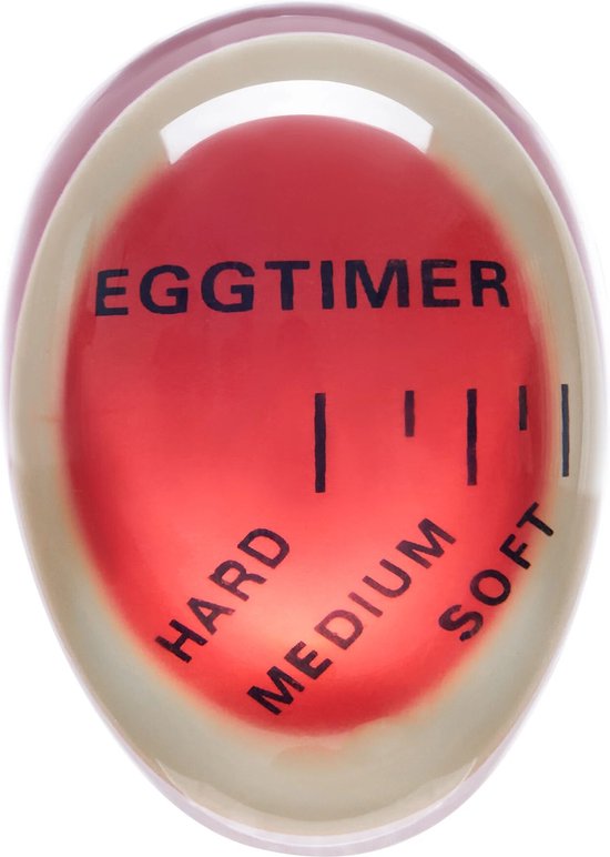 Een rode eierwekker met schaalverdeling voor hard, medium en zacht.