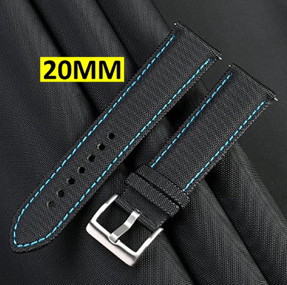 Nylon Horlogeband - Roestvrij Staal - Horlogeband - Zwart Blauw- 20MM