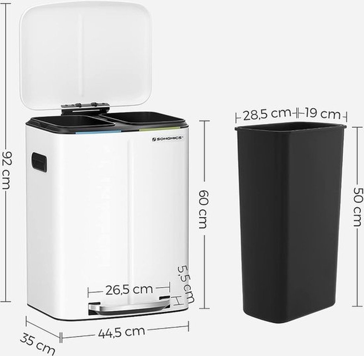 SONGMICS Afvalemmer, 40 liter, met 2 vakken, 2 x 20L, Afvalemmer, pedaalemmer van metaal, Binnenemmer van kunststof, met klapdeksel en handgrepen, Softclose, luchtdicht, wit LTB40WT