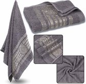 Grijze Katoenen Handdoek met Gouden Borduurwerk, Handdoek 48x100 cm