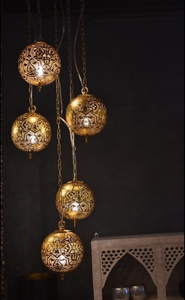 LM-Collection Oriëntaalse filigrain 5 bol Hanglamp - Ø30x120cm - E14 - Zilver - Metaal - hanglampen eetkamer, hanglamp zwart, hanglampen woonkamer, hanglamp slaapkamer, hanglamp kinderkamer, hanglamp rotan, hanglamp hout, hanglamp industrieel
