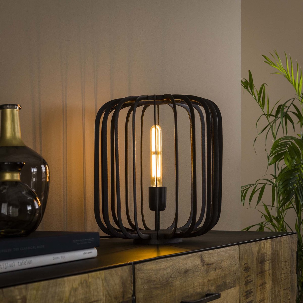 LM-Collection Lancelot Tafellamp - Ø30x37cm - E27 - Zwart/Bruin - Metaal - tafellamp slaapkamer, tafellamp industrieel, tafellampen woonkamer, tafellamp zwart, tafel lamp, tafellamp slaapkamer industrieel, tafellampje