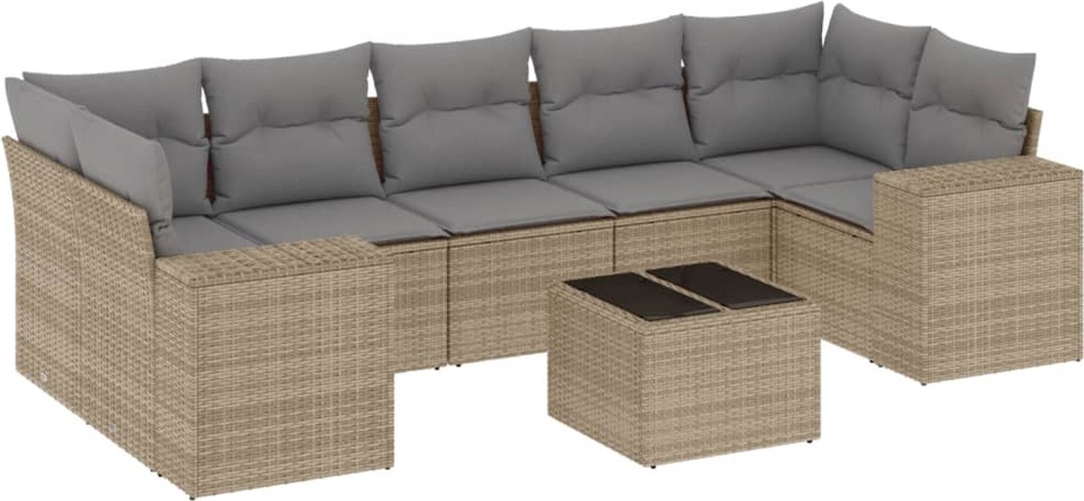 vidaXL 8-delige - Loungeset - met - kussens - poly - rattan - beige