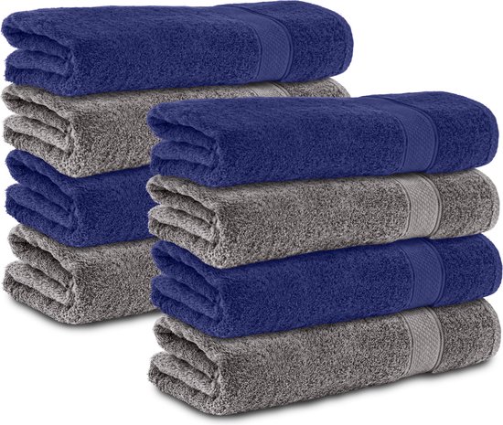 Komfortec handdoeken – Set van 8 - Badhanddoek 50x100 cm - 100% Katoen - Antracietgrijs&Blauw
