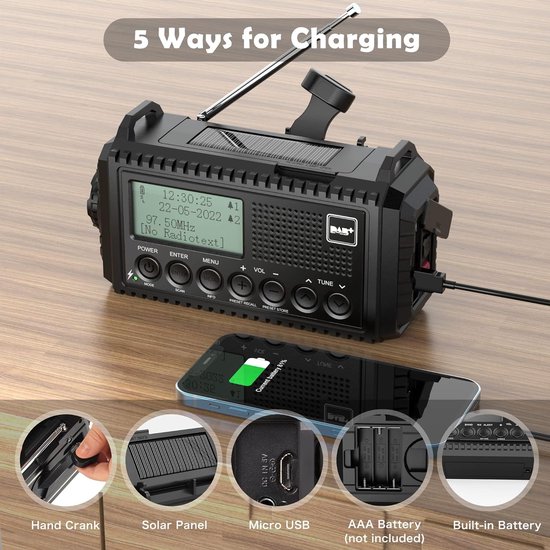 DAB/FM met Batterij 5000mAh, Draagbare Zonne-radio met LED-zaklamp en