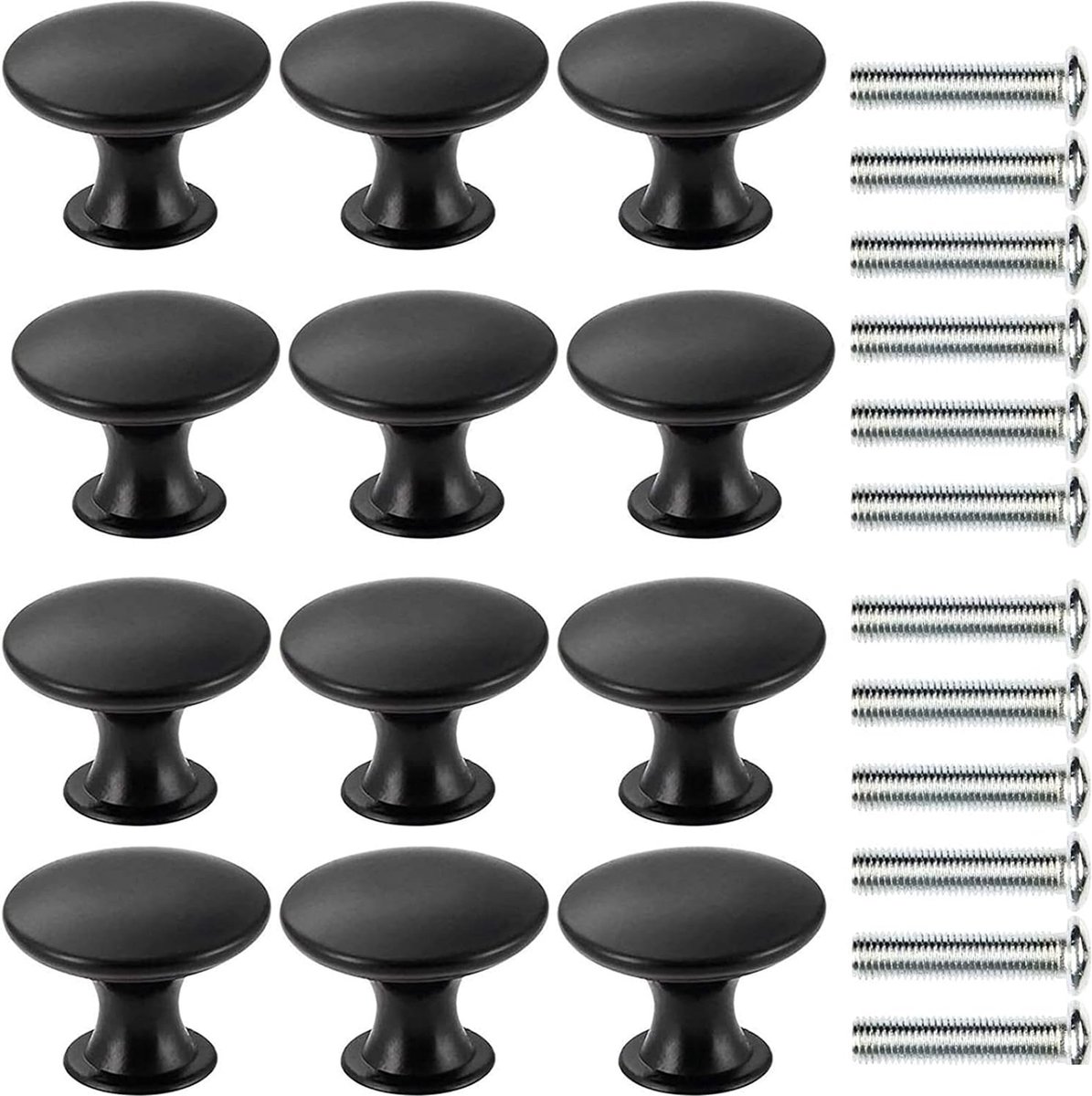 Set van 12 mat zwarte ladeknoppen, meubelknoppen, ladegrepen, ladekastknoppen set met 12 stuks schroeven, 30 mm moderne kasthandgrepen meubelronde meubelknop