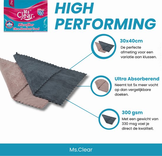 Deux lingettes microfibre Ms. Clear, 30x40cm, une rose et une gris foncé, ultra absorbantes, 300 gsm.